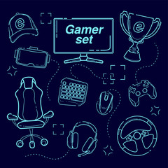 eSports set, Gaming gadgets, line set icon. Modern devices for video games, headset for virtual reality, equipment for gamers, joysticks, keypad. on deep blue background.