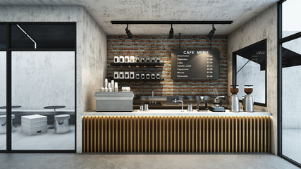 Cafe shop  Restaurant design Modern and Loft,Top counter concrete,Wood slat counter,Wall back counter Brick,Brick wall mock up,Concrete floors -3D render