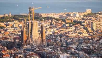 Panorama of Barcelona Spain, viewed from the Bunkers of Carmel on sunset. Aerial top view from hill...