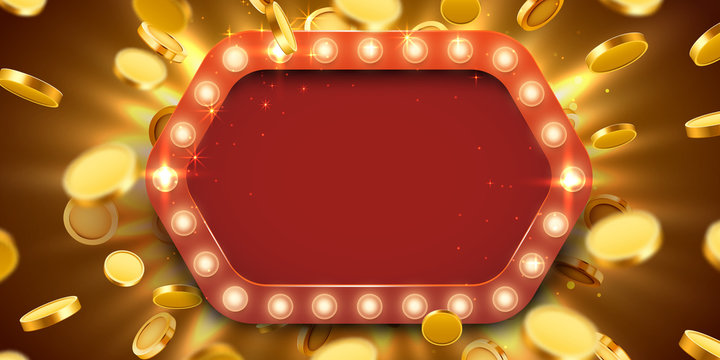 Casino lamp frame with gold realistic 3d coins background.