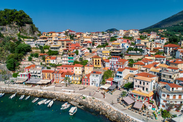 Fototapeta na wymiar Aerial cityscape view of the coastal city of Parga, Greece during the Summer