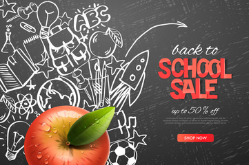 Back to school sale template. Realistic red apple on outline doodle school background, vector illustration.
