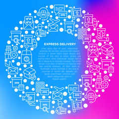 Express delivery concept in circle with thin line icons: parcel, truck, out for delivery, searchong of shipment, courier, sorting center, dispatch, registered. Modern vector illustration.