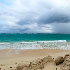 The beginning of a storm on a wild ocean beach in a sandy bay of a blue tropical sea