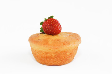 fresh sponge cake with strawberry decoration on a white background