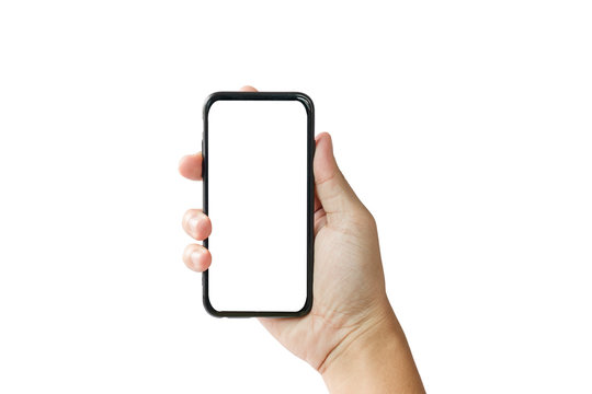 Man hand holding black smartphone with white blank screen. Isolated on white background photo.