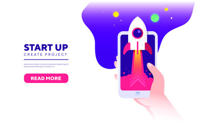 Rocket with Phone startup design concept for website banner, flyer, header