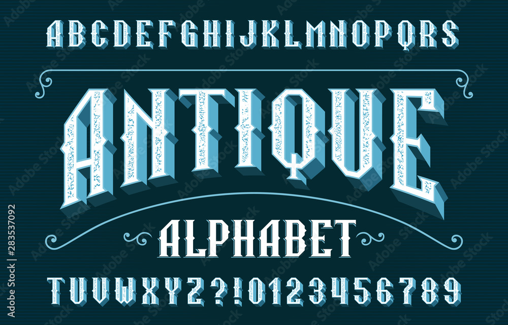 Fototapete antique alphabet font. 3d scratched letters and numbers. vector typeface for your typography design.