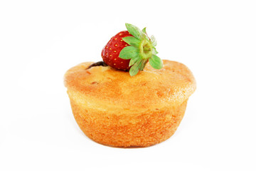 fresh sponge cake with strawberry decoration on a white background