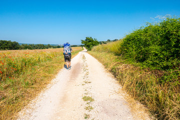 Un viaggiatore solitario lungo una strada di campagna con lo zaino nel giugno 2019