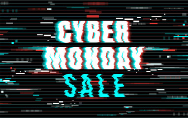 Cyber Monday SALE inscription in a distorted glitch style on a black background. Design element for event advertising, branding, shares, promotion. Vector illustration.