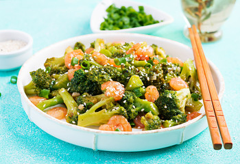 Stir fry shrimp with broccoli close up on a plate. Prawns and broccoli.