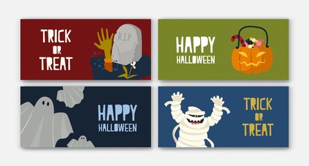 Bundle of horizontal holiday web banner templates with Halloween characters - mummy, Jack-o'-lantern with candies, ghost. Flat cartoon vector illustration for festive celebration, promotion.