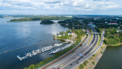 Itavayla highway captured drone above Kulosaari near center of Helsinki at summer.