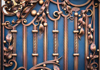 Details, structure and ornaments of wrought iron fence with gate