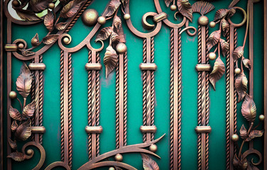 Details, structure and ornaments of wrought iron fence with gate