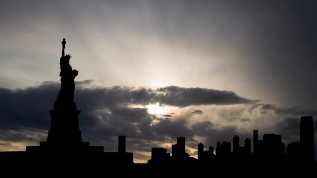 Statue of Liberty: Time Lapse at Sunsrise with Cityscape, New York, USA
