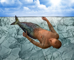 merman cought in plastic pollution, 3d illustration.