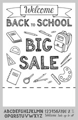 Back to school sale flyer. Composition with educational pattern. Alphabet and number. Education template concept for poster, flyer, banner, brochure.