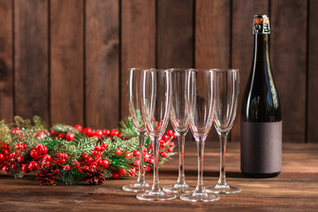 champagne in transparent glasses and a bottle (New Year's atmosphere, Christmas ) happy holidays! top. food background. copy space