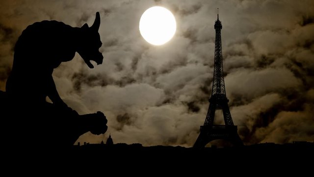 Notre Dame Gargoyle Overlooking Paris with Eiffel Tower, Time Lapse by Night