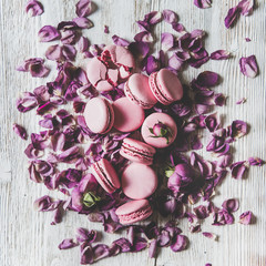 Fototapeta na wymiar Flat-lay of sweet pink macaron cookies heap and rose buds and petals over wooden background, top view, square crop. Food texture, background and wallpaper