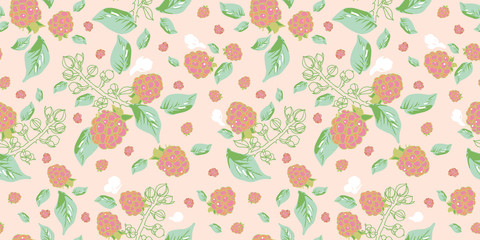 Elegant floral raspberry summer pattern. Scattered berries, leaves, plant blossoms in shades of pink. Perfect for textile, paper projects. Seamless vector pattern. Summer garden and kitchen pattern.