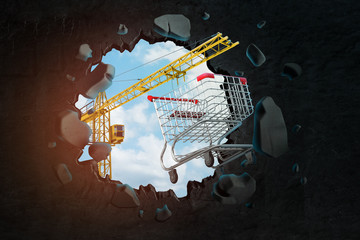 3d rendering of construction crane and shopping cart breaking black wall
