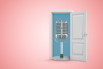 3d rendering of huge metal microphone standing in doorway on pink gradient copyspace background.