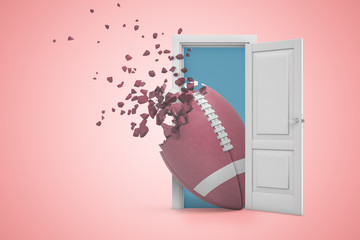 3d rendering of big oval brown ball that has begun to break in little pieces on one end, emerging from door on pink background.