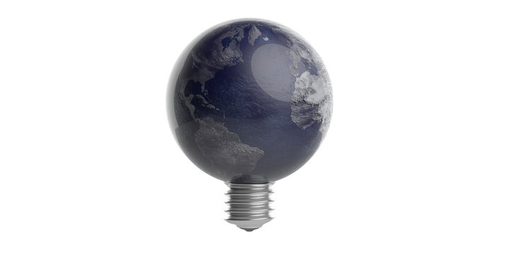 Earth hour concept. Light bulb erath globe isolated, white background. 3d illustration,