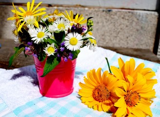 Beautiful wildflowers in a bucket