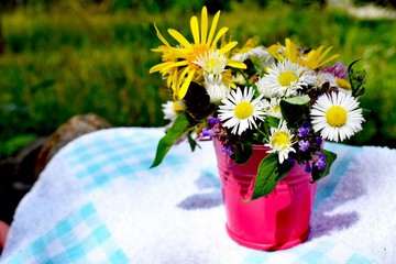 Beautiful wildflowers in a bucket