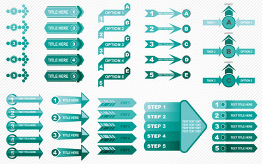 Set of infographic templates of green. Arrows and frames for headings and text.