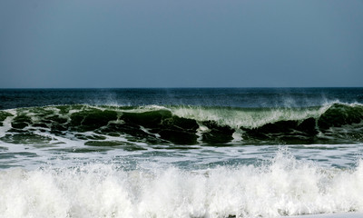 landscape with waves ashore with horizon and gray sky