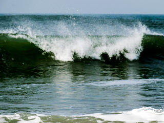 landscape with waves ashore with horizon and gray sky