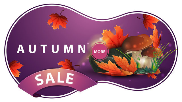 Autumn sale, modern purple discount banner with mushrooms and autumn leaves