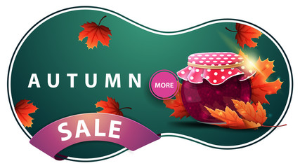 Autumn sale, modern green discount banner with jar of jam and maple leaves