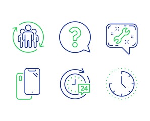 Question mark, 24h delivery and Teamwork line icons set. Smartphone, Spanner and Time signs. Help support, Stopwatch, Employees change. Phone. Business set. Line question mark outline icons. Vector