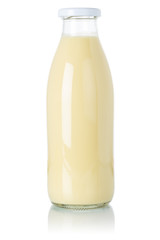 Banana smoothie fruit juice drink milkshake milk shake in a bottle isolated on white