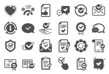 Approve icons. Set of Check List, Certificate and Award medal. Certified document, Accepted approve and Confirm mail icons. Guarantee certificate, Check mark and agreement signs. Quality set. Vector