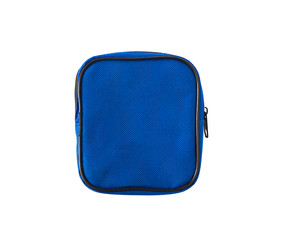 Top view of blue bag or case with zipper isolated on white background