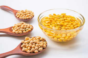 soaked soybean or soya bean in a glass bowl prepare for made soy milk or soya milk