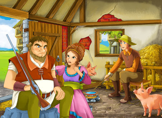 Obraz na płótnie Canvas Cartoon scene with two farmers ranchers or disguised prince and older farmer or hunter and princess in the barn pigsty illustration for children