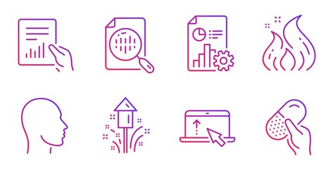 Analytics chart, Head and Report line icons set. Fire energy, Swipe up and Document signs. Fireworks, Capsule pill symbols. Report analysis, Human profile. Science set. Vector