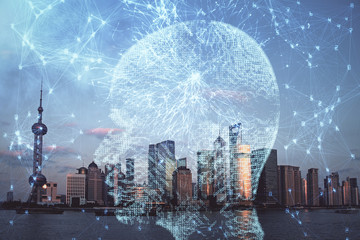 Brain hologram drawing on cityscape background multi exposure. Ai in modern city concept.