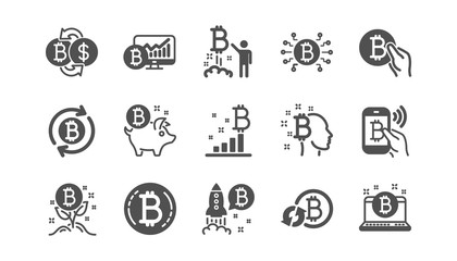 Bitcoin icons. Blockchain, Crypto ICO and Cryptocurrency. Mining classic icon set. Quality set. Vector