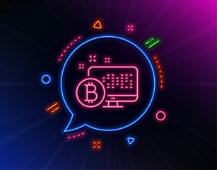 Bitcoin line icon. Neon laser lights. Cryptocurrency monitor sign. Crypto money symbol. Glow laser speech bubble. Neon lights chat bubble. Banner badge with bitcoin system icon. Vector