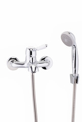 The mixer with a short wide izliv and the white handle the switch