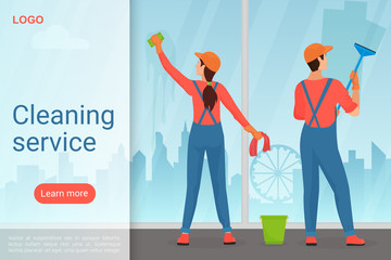 Cleaning service landing page vector template. Housekeeping business website homepage interface idea with flat vector illustrations. Professional cleaners, window washing web banner cartoon concept